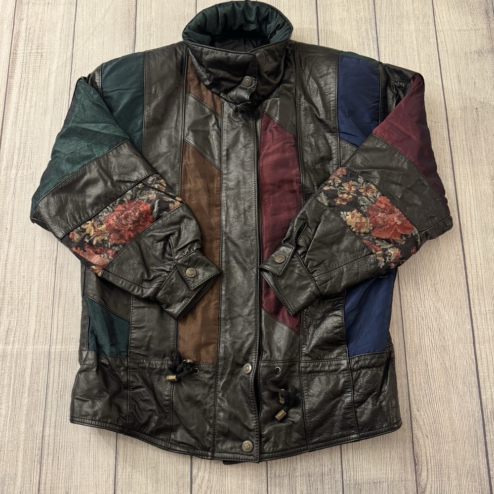 Vintage Pelle‎ Jacket Women's S Leather Mixed Fabric Abstract Patchwork Coat 90s